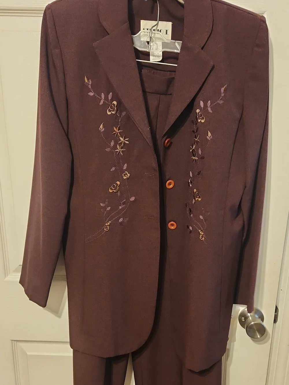 Studio I Women's Embroidered Two-Piece Suit in Deep Plum/Brown